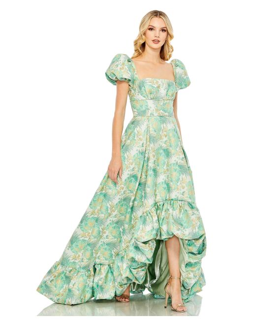 Mac Duggal Floral Print Puff Sleeve Hi-Lo Brocade Gown