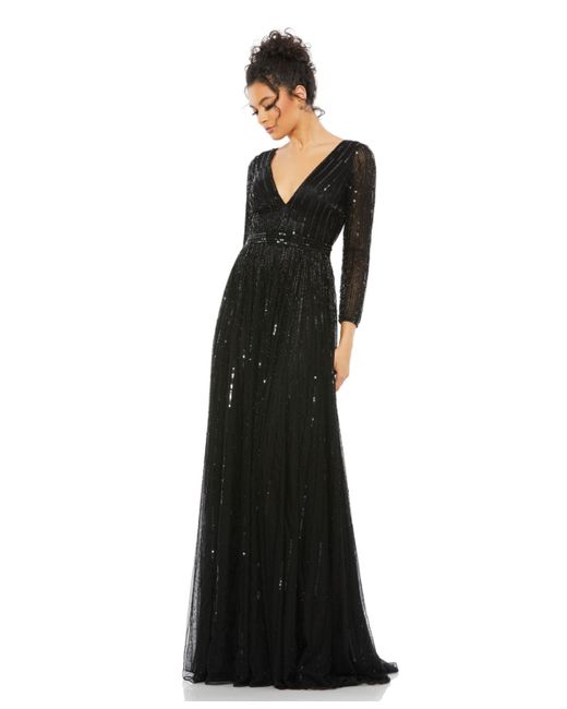 Mac Duggal Sequined V Neck Illusion Sleeve A Line Gown