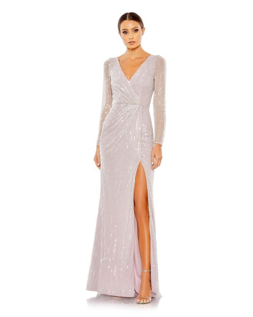 Mac Duggal Sequined Faux Wrap Long Sleeve Gown