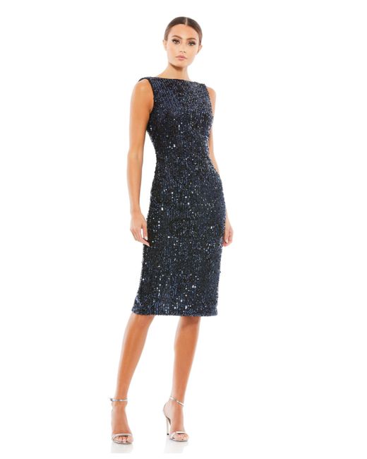 Mac Duggal Ieena Draped Back Boat Neck Sequined Cocktail Dress