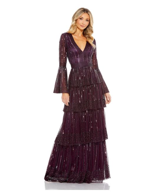 Mac Duggal Embellished Bell Sleeve Tiered Gown