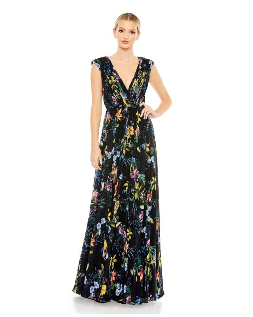 Mac Duggal Pleated Floral Cap Sleeve A Line Gown