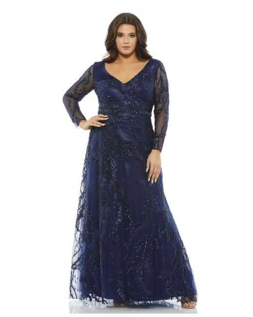 Mac Duggal Plus Embellished Illusion Long Sleeve V-Neck A-Line Gown