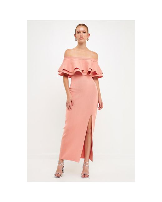 Endless Rose Off the Shoulder Ruffle Maxi Dress with Leg Slit