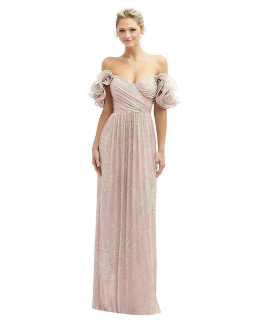 After Six Dramatic Ruffle Edge Convertible Strap Metallic Pleated Maxi Dress with Floral Gold Foil Print
