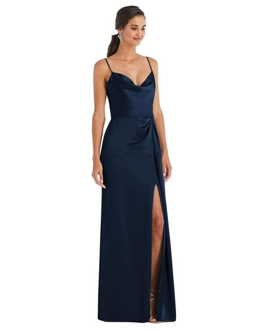 Dessy Collection Cowl-Neck Draped Wrap Maxi Dress with Front Slit