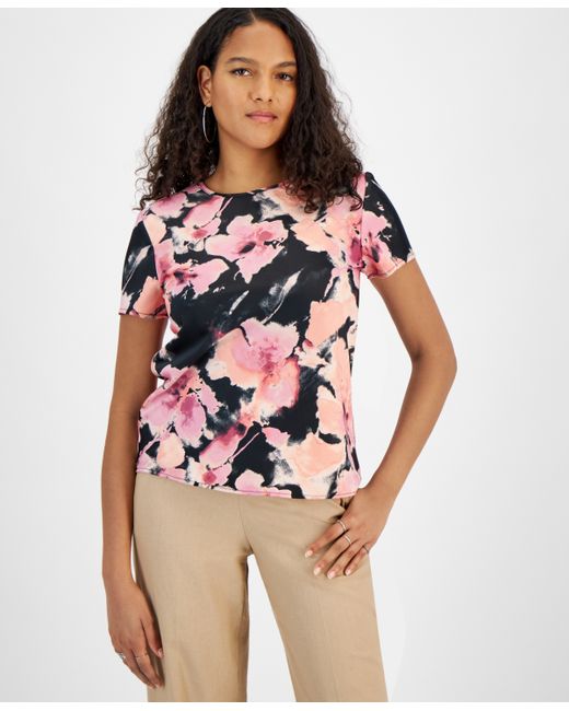 Bar III Floral-Print Short-Sleeve Top Created for Rose Bloom Multi