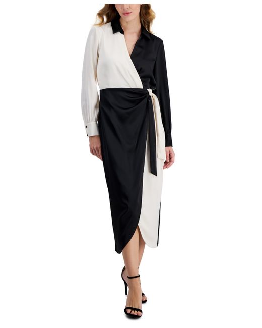 AK Anne Klein Long-Sleeve Faux-Wrap Midi Dress Anne White