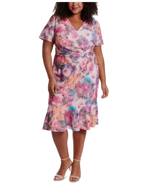 London Times Plus Twisted Floral Fit Flare Dress