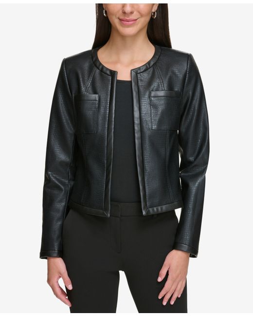 Dkny Petite Embossed Faux-Leather Collarless Jacket