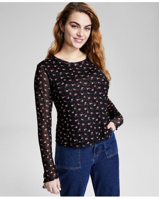 And Now This Floral-Print Mesh Long-Sleeve Top Created for pink Floral