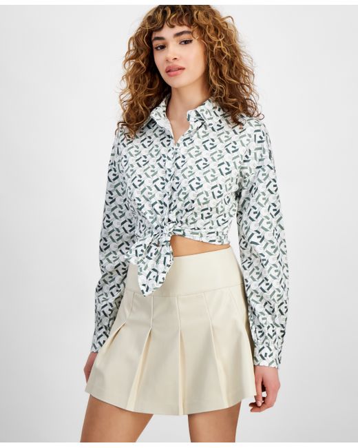 Guess Point Collar Tie-Hem Button-Front Top