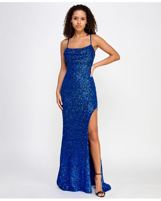 Crystal Doll Juniors Sequin Draped-Neck High-Slit Gown