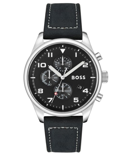 Boss View Genuine Leather Strap Watch 44mm