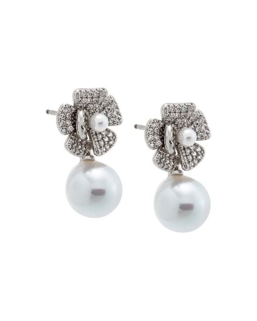 By Adina Eden Pave Dangling Flower Imitation Pearl Stud Earring