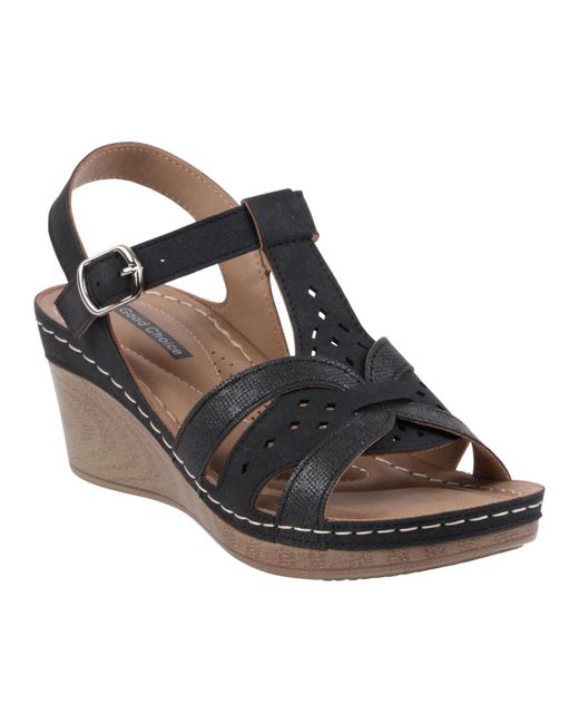 GC Shoes Perforated T-Strap Slingback Wedge Sandals