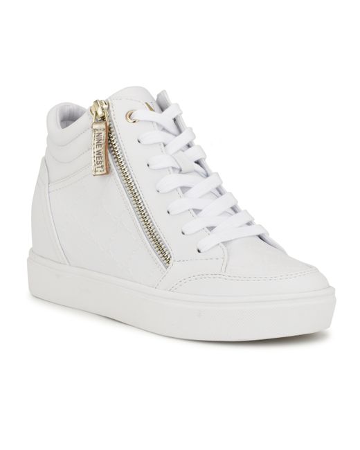 Nine West Tons High Top Hidden Wedge Sneakers Gold Faux Leather