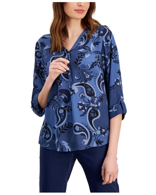 Jm Collection Printed 3/4 Roll-Sleeve Top Created for