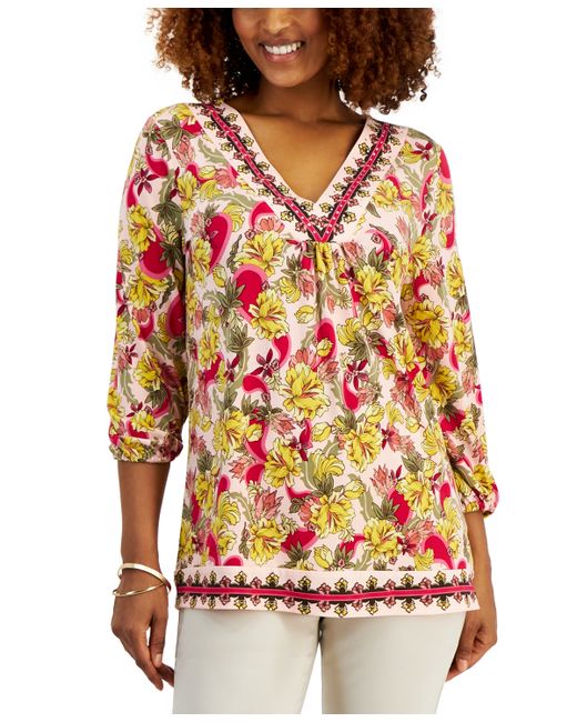 Jm Collection Petite Floral V Neck 3/4-Sleeve Top Created for