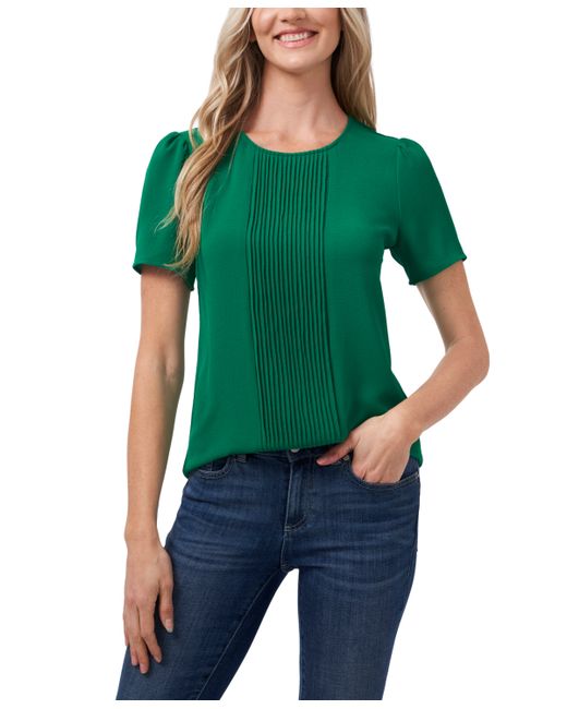 Cece Pintucked Front Short Sleeve Crew Neck Blouse