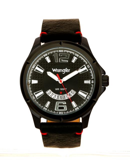 Wrangler Watch 48MM Ip Case Zoned Dial with White Markers and Crescent Cutout Date Function Strap Red Accent Stitch