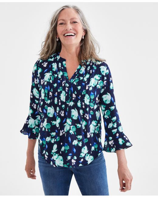 Style & Co Printed Pintuck Ruffle Sleeve Top Regular Petite Created for
