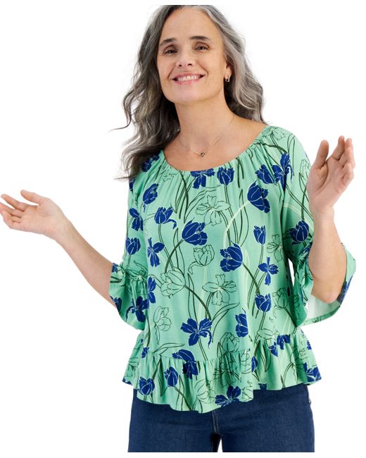 Style & Co Printed On-Off Ruffle Sleeve Knit Top Created for