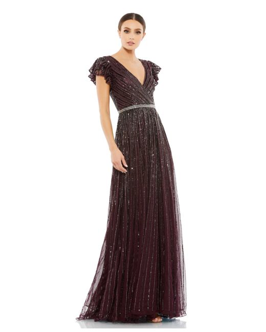 Mac Duggal Sequined Wrap Over Ruffled Cap Sleeve Gown