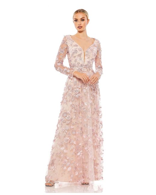 Mac Duggal Floral Applique Long Sleeve Illusion Gown
