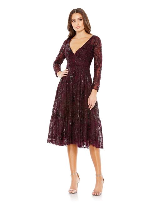 Mac Duggal Lace Embellished Long Sleeve Ruffle Hem Dress
