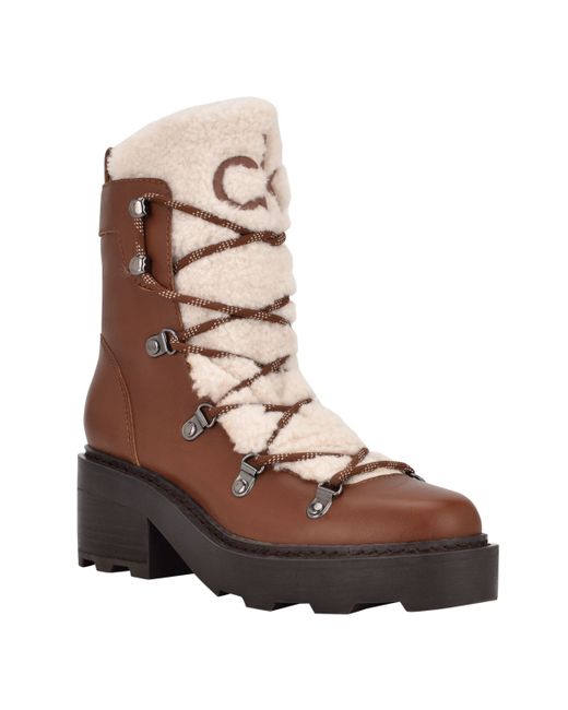 Calvin Klein Alaina Heeled Lace Up Cozy Lug Sole Winter Cold Weather Boots Natural Leather