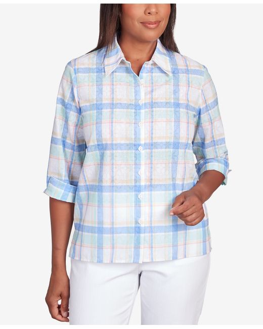 Alfred Dunner Classic Pastels Cool Plaid Button Down Top