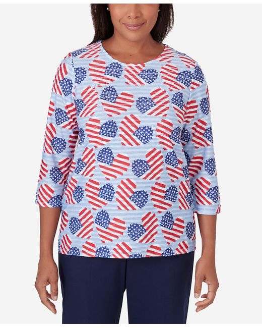 Alfred Dunner Petite All American Flag Hearts Three Quarter Sleeve Shirt