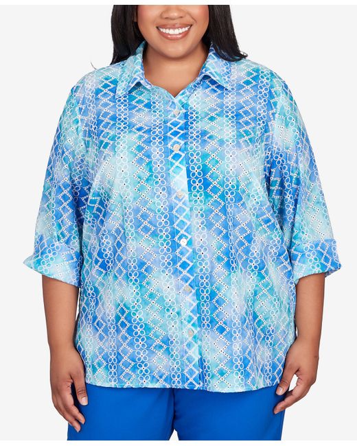 Alfred Dunner Plus Tradewinds Eyelet Tie Dye Button Down Top