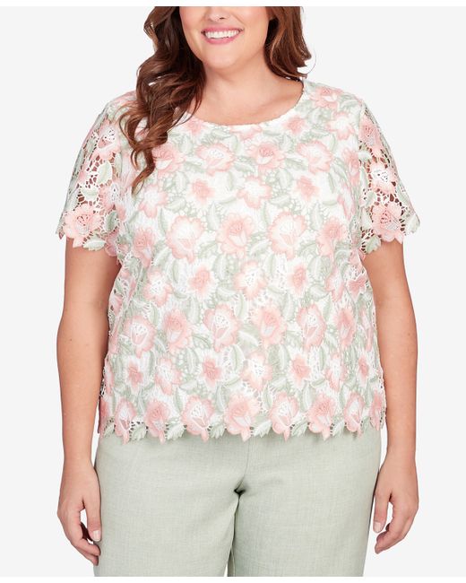 Alfred Dunner Plus English Garden Lace Floral Scallop Hem Top