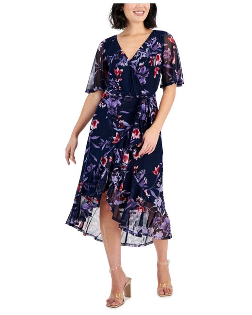 Connected Printed Faux-Wrap Ruffle-Trim Dress