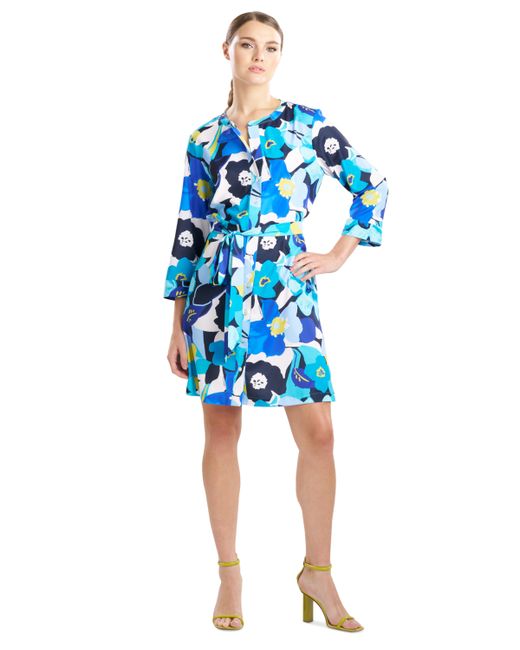 Natori Floral-Print Belted 3/4-Sleeve Dress