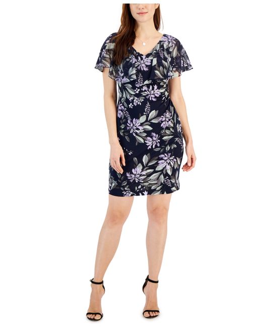 Connected Petite Printed V-Neck Popover Sheath Dress
