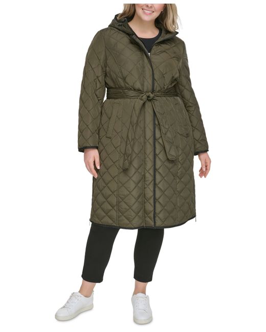 Dkny Plus Hooded Belted Quilted Coat