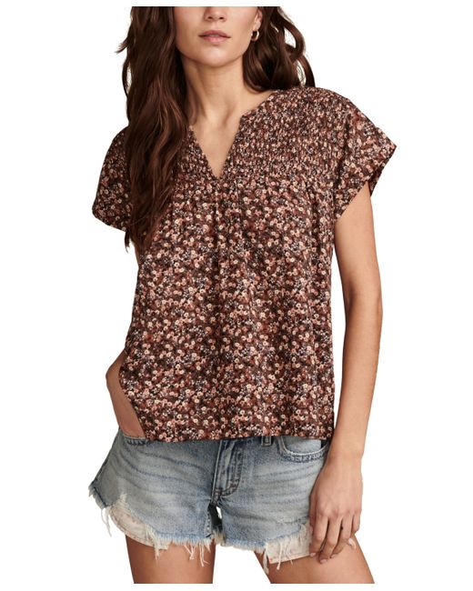 Lucky Brand Printed Smocked Short-Sleeve Top