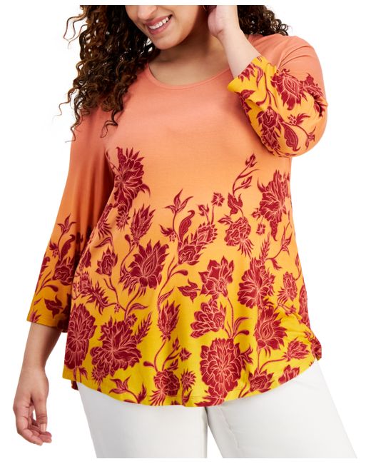 Jm Collection Plus Printed Scoop-Neck 3/4-Sleeve Top Created for