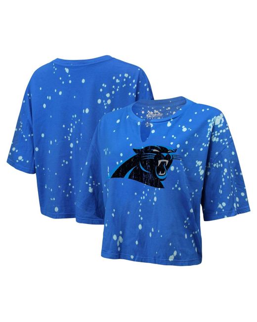 Majestic Distressed Carolina Panthers Bleach Splatter Notch Neck Crop T-shirt