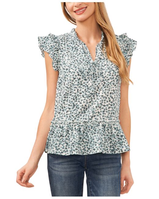 Cece Printed Ruffle Trimmed Tie-Neck Blouse