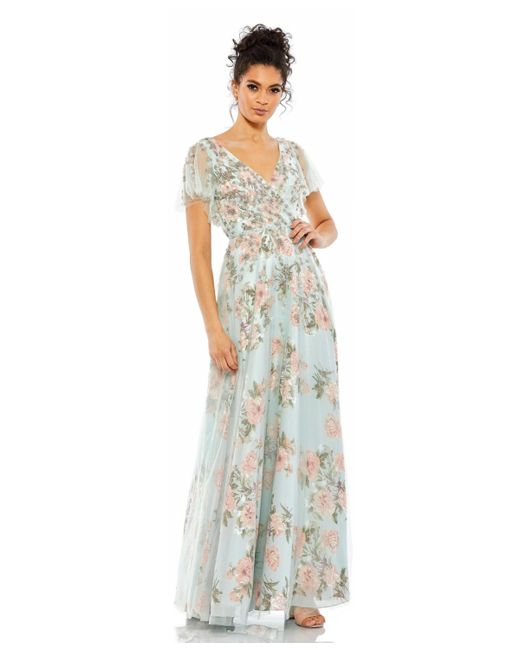 Mac Duggal Floral Flutter Sleeve V-Neck Maxi Dress