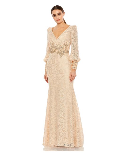 Mac Duggal Lace Long Sleeve V Neck Embellished Gown