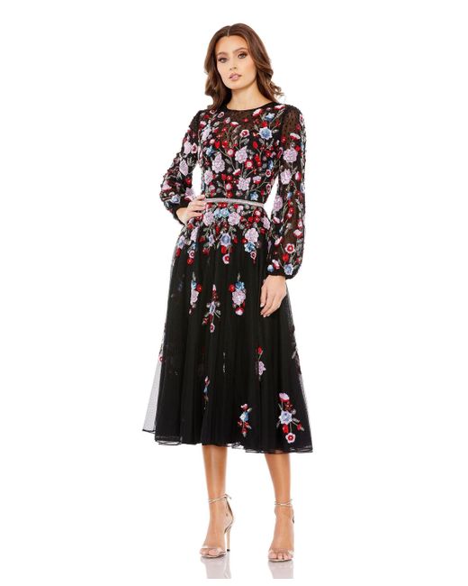 Mac Duggal Sequined Floral High Neck Puff Sleeve Cocktail Dress