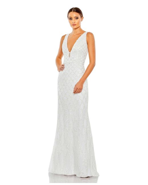 Mac Duggal Sequined Plunge Neck Sleeveless Column Gown
