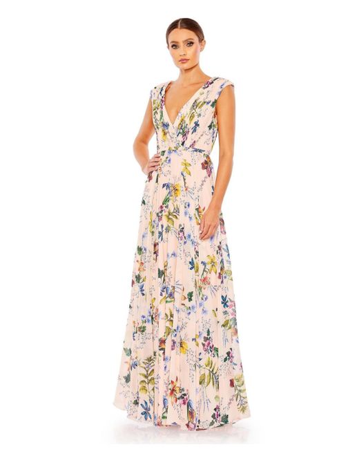 Mac Duggal Pleated Floral Cap Sleeve A Line Gown