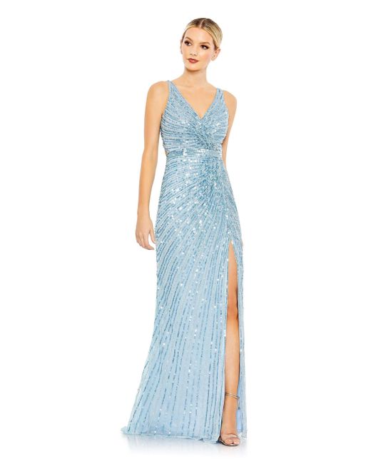 Mac Duggal Sequined Faux Wrap Sleeveless Gown