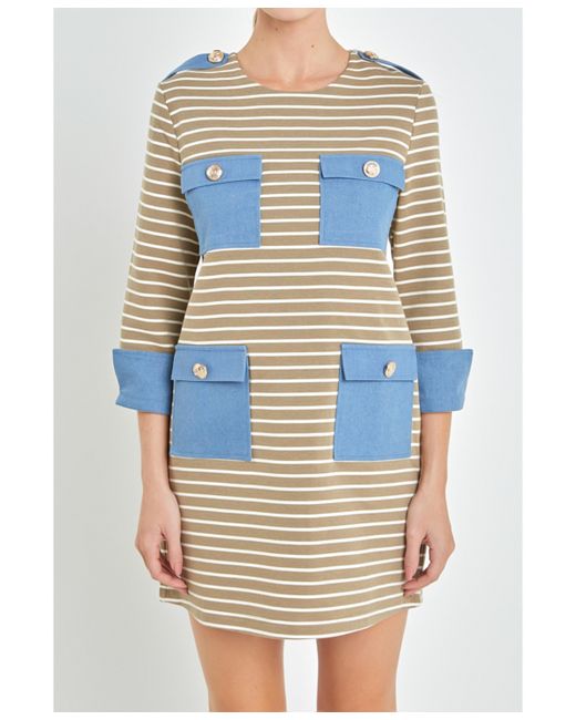 English Factory Striped Jersey Knit Dress With Denim Pockets